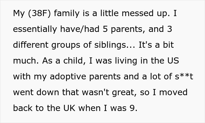 Text about a woman's complex family background and moving from the US to the UK as a child.