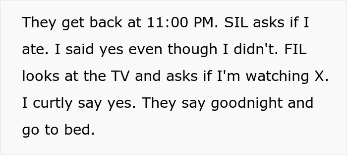 Text conversation about late-night return and watching TV, reflecting in-laws brunch dinner exclusion theme.