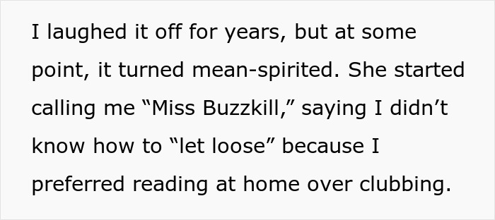 Text from bride's wedding speech describing being called "Miss Buzzkill" for preferring reading to clubbing.