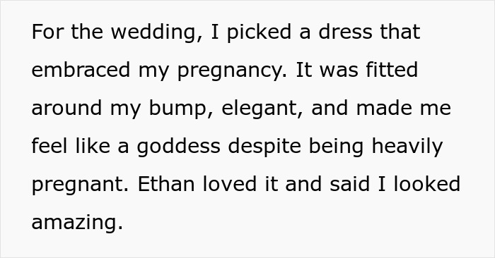 Text about a woman's wedding dress embracing her pregnancy, describing feeling elegant and loved by Ethan.