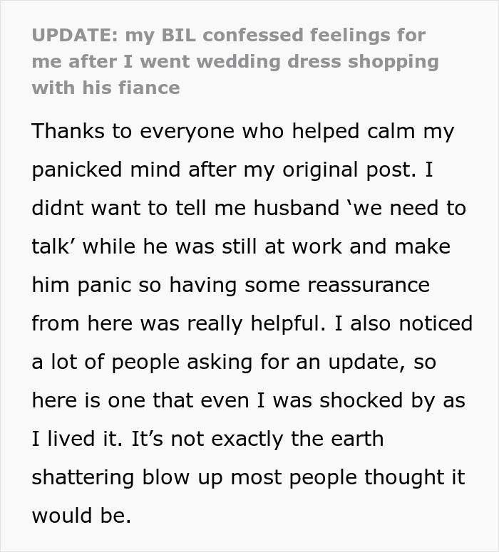 Text message about wedding dress shopping and unexpected confession from brother-in-law.