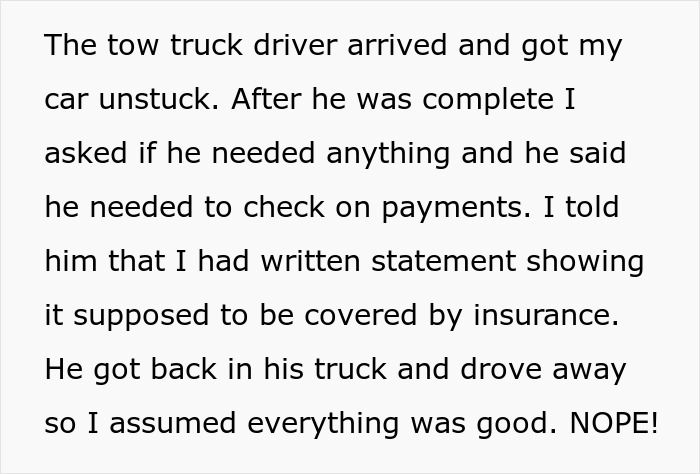 Text excerpt about a tow truck driver, payments, and insurance issues.