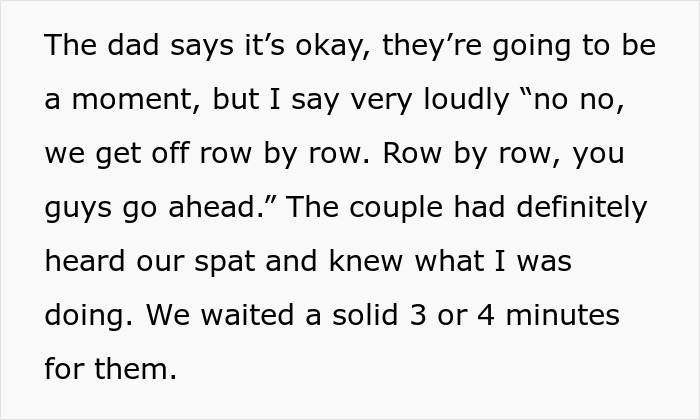 Text recounting an incident where a passenger insists on deplaning row by row, resulting in a deliberate delay.