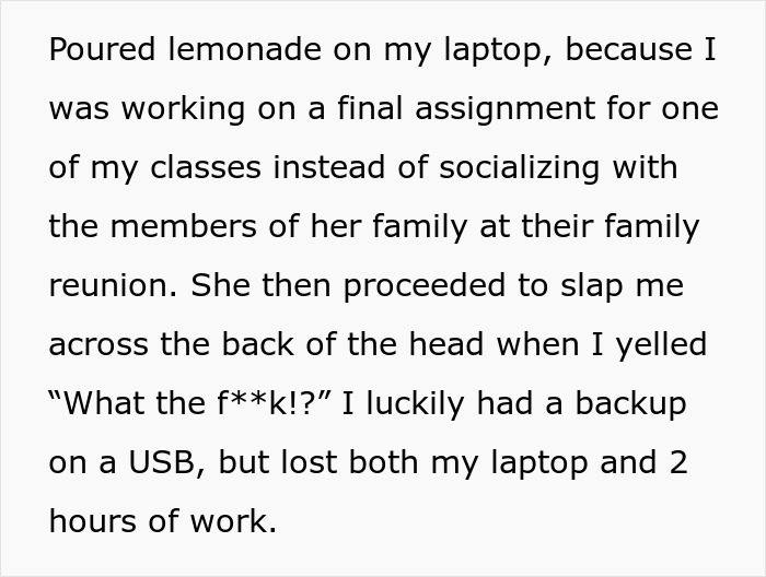 Text about a conflict involving a stepmother disrupting work, leading to data and equipment loss.