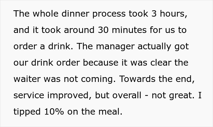 Text describing a long dinner with slow service, ending with a 10% tip.