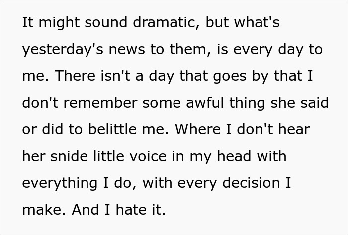 Text about a woman's emotional struggle with stepmother's insults impacting her daily life.