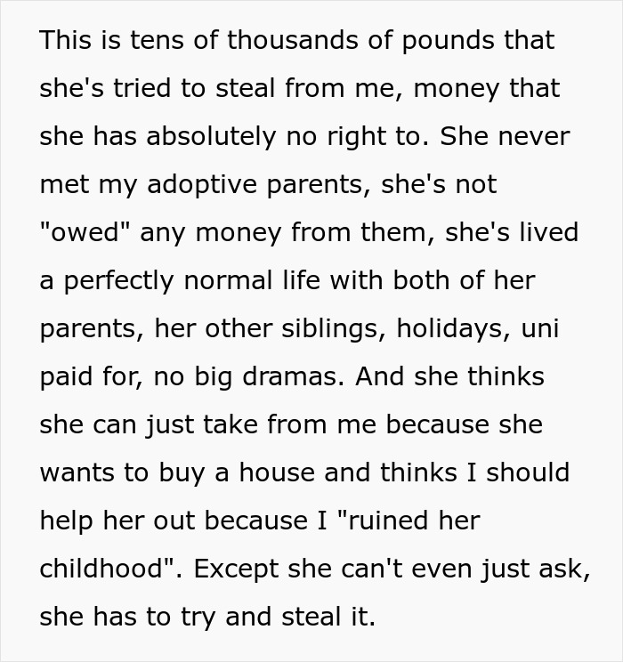 Text discussing a woman upset about her sister stealing from her trust fund, describing feelings of betrayal.