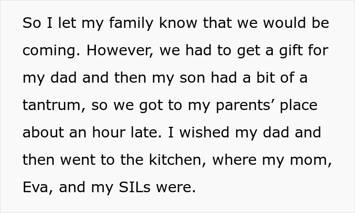 Text snippet about a family's late arrival due to errands and a son's tantrum.