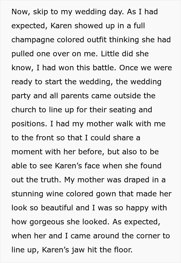 Text about wedding day where stepmom's champagne outfit blends with napkins, unexpected surprise for her.