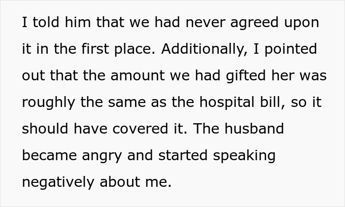 Text discussing hospital expenses related to sister\'s childbirth and a disagreement about covering the hospital bill.