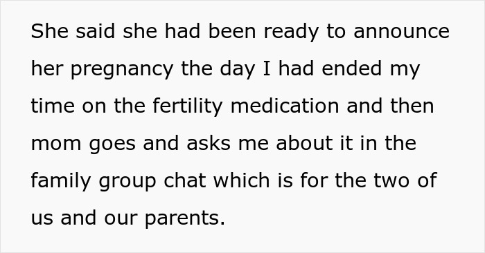 Text discussing a family group chat about pregnancy and fertility medication.