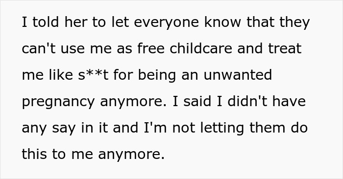 Teen refuses free childcare, asserts independence from family expectations.