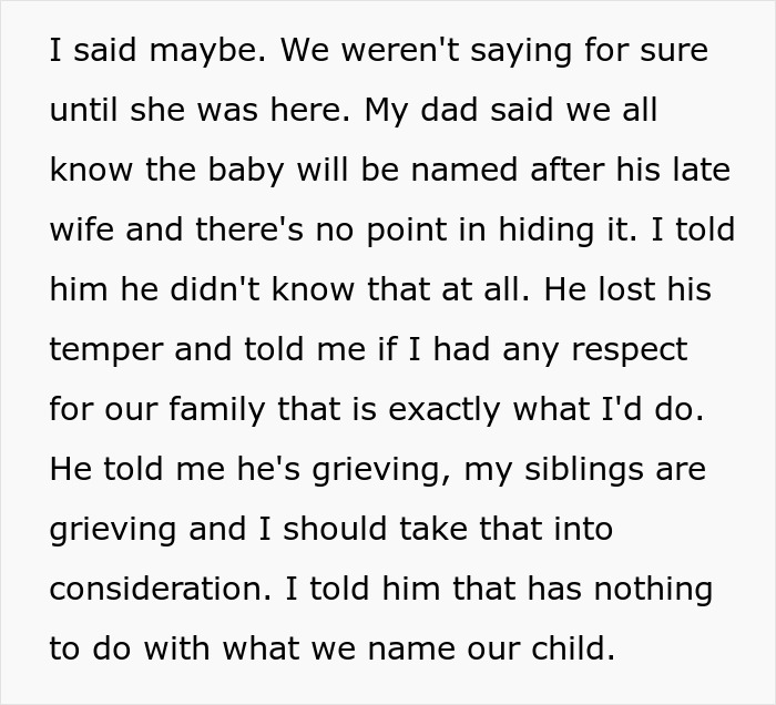 Text discussing dad's grief about naming children after his late wife, highlighting family tension around the decision.