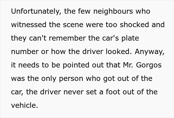 Text discussing mystery disappearance of a man missing; neighbors unable to recall details of the car or driver.