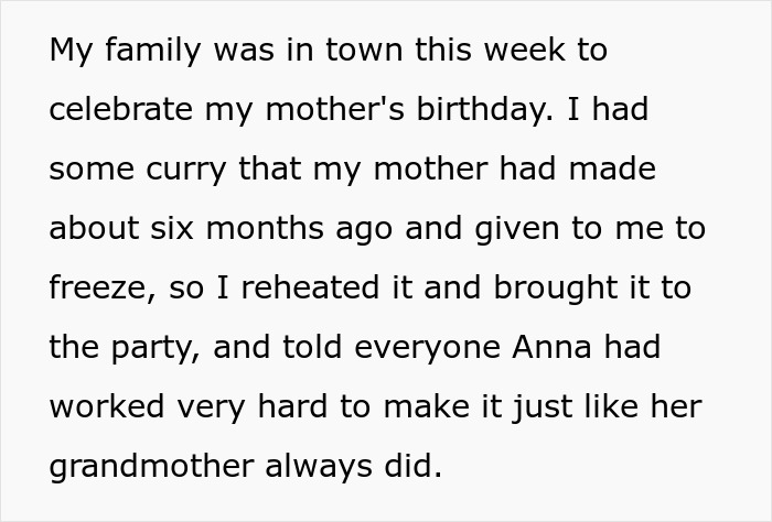 Text detailing a family gathering and a misunderstanding involving a grandmother's cooking at a birthday party.