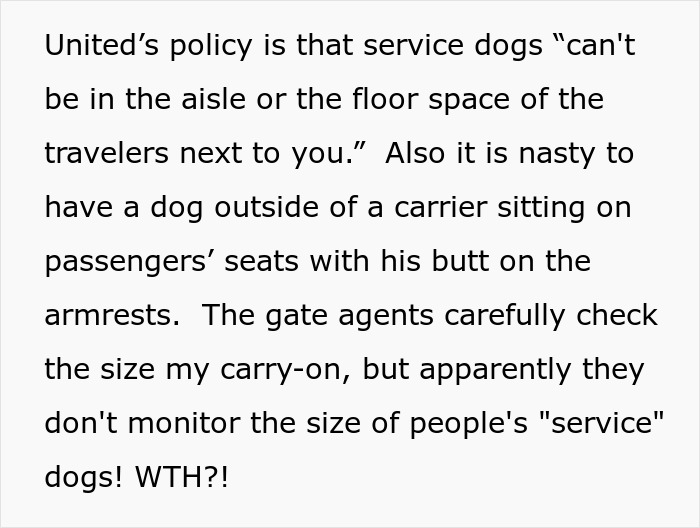 Text discussing airline policies about service dogs and seating arrangements.