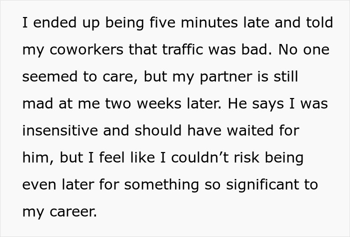 Text about being late due to traffic, partner upset, and career impact.