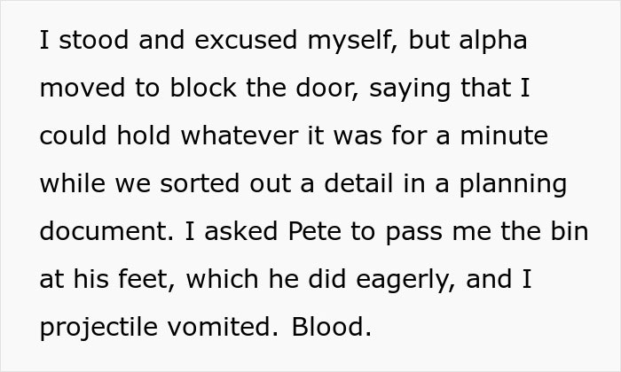 Text describing a stressful work meeting leading to vomiting blood.