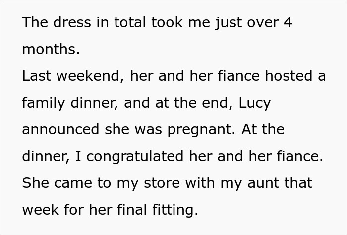 Text message describing a bridal shop owner's experience making a wedding dress, with family dinner details.