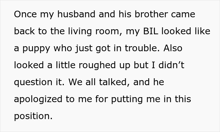 Text describing a brother-in-law apologizing during a conversation about an awkward situation.