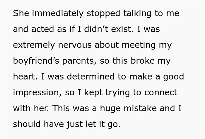 Text about a difficult meeting with a boyfriend's mother, feeling invisible, and trying to impress.