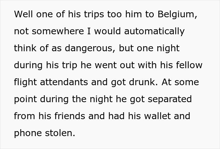 Text reveals details of a man's trip to Belgium where he lost his wallet and phone.