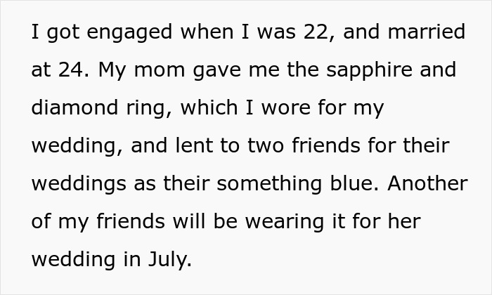 Text about a woman's sapphire and diamond heirloom ring used in weddings.