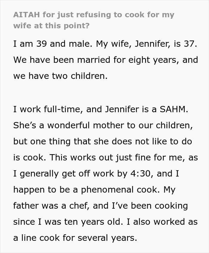 Text discussing household roles and cooking responsibilities in a marital relationship.