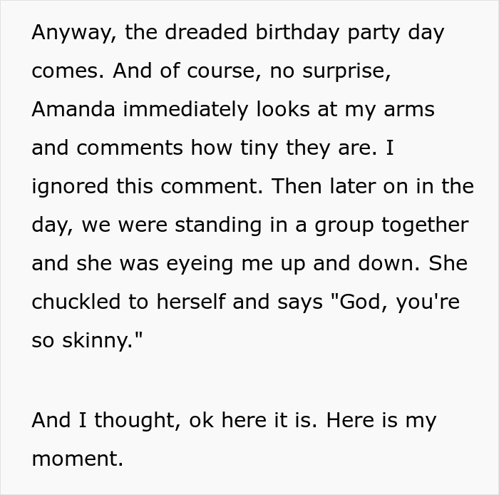 Text about a birthday party where someone comments on another's skinny appearance.