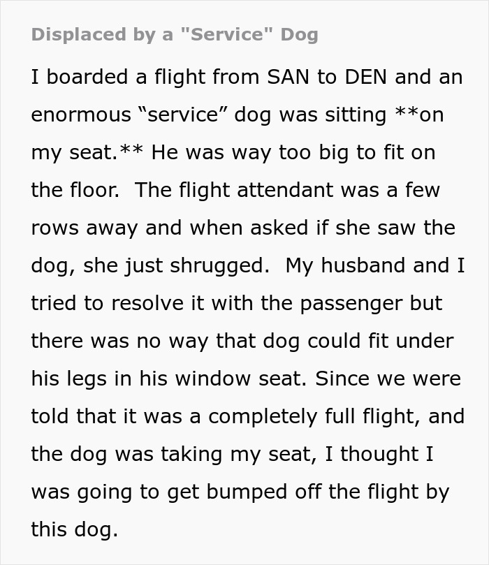 Text describing a flight experience with a large service dog taking a plane seat.