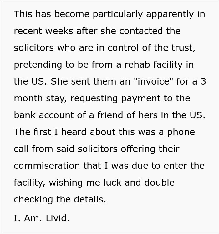 Text detailing a woman's discovery about her sister faking rehab to access her trust fund.