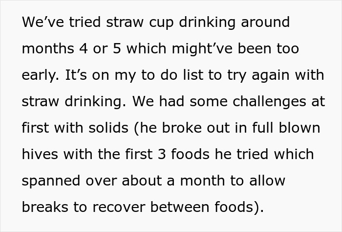 Text discussing challenges with a baby's early introduction to straw cup drinking and solid foods.