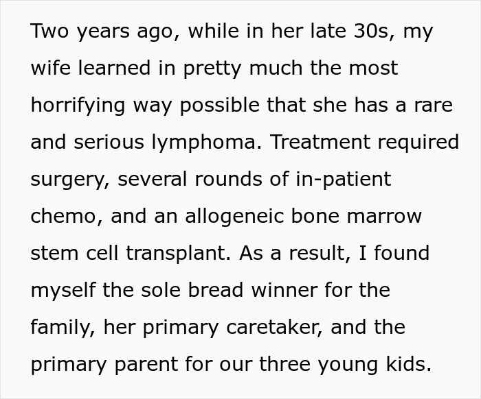 Text describing a man's role after his wife's rare lymphoma diagnosis and treatment.