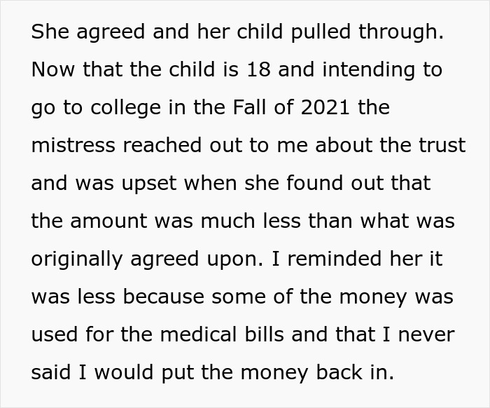 Text discussing a woman explaining the reduced funds in a child's trust used for medical bills.