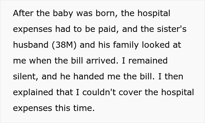 Text about hospital expenses for childbirth not covered by sister\'s relative.