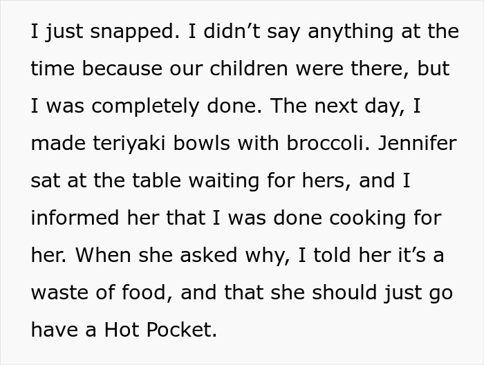 Text about husband-wife cooking drama with a discussion about teriyaki bowls and Hot Pockets.