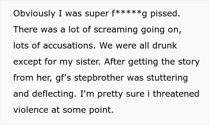 Text excerpt about an intense argument and accusations involving girlfriend's stepbrother.