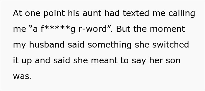 Text exchange where a woman considers suing her husband's family over an offensive message and unpaid bills.