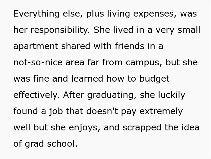 Text discussing a daughter's struggle with college expenses and budgeting while her brother lives lavishly due to parents' support.