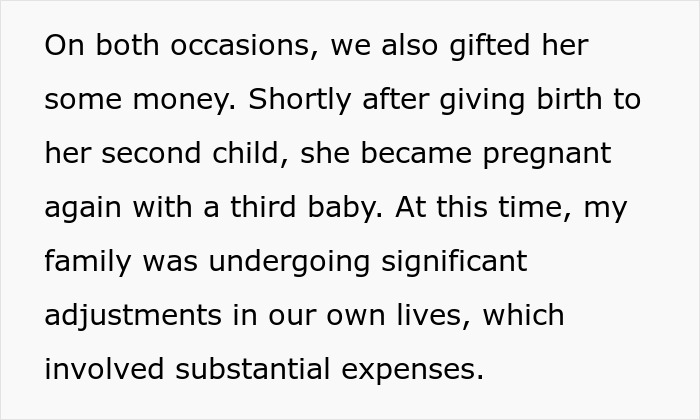 Text discussing family financial adjustments related to sister\'s childbirth hospital expenses.