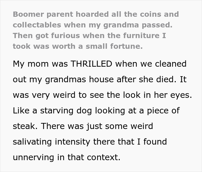 Text about a woman hoarding heirlooms and her son finding a real treasure in furniture.