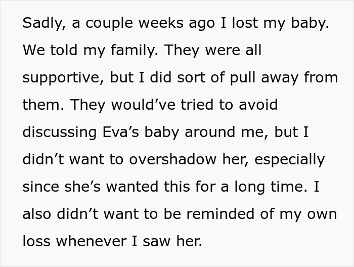 Text about a woman's experience with family after her miscarriage, avoiding overshadowing her sister's pregnancy.