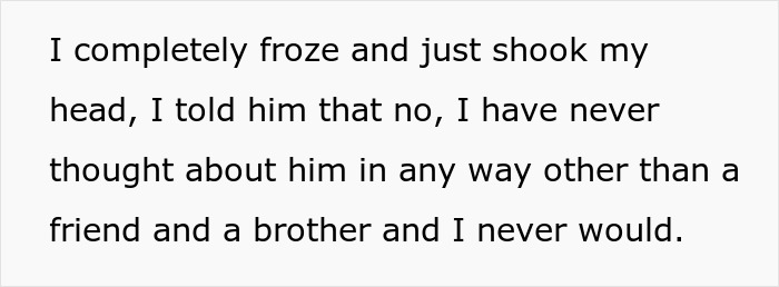 Text about a surprising confession during wedding dress shopping involving sister-in-law feelings.