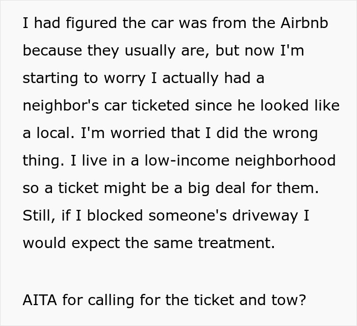 Text about a car blocking a driveway and concerns about ticketing in a low-income neighborhood.