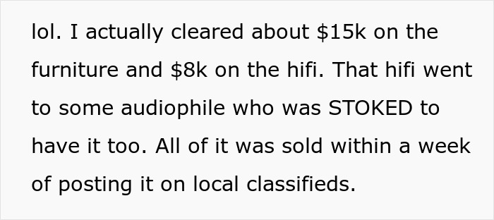 Text about selling heirlooms for $15k and hifi for $8k to an audiophile, sold quickly through local classifieds.