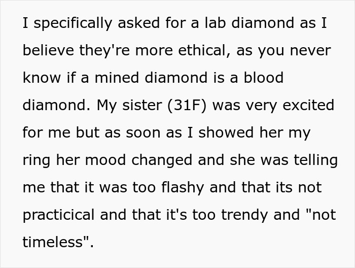 Text discussing lab diamonds and a sister's reaction to a flashy ring.