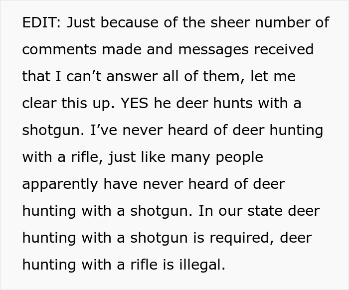 Text explanation about deer hunting regulations with a shotgun, addressing comments and clarifications.