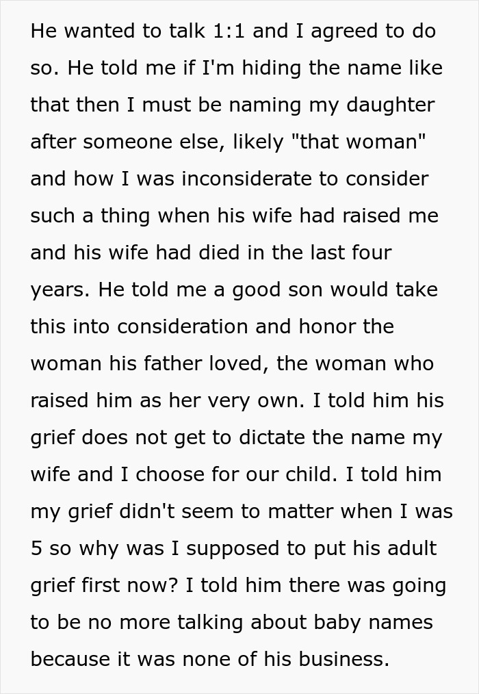 Text discussing dad's grief over name choice for children, expressing tension and personal considerations.