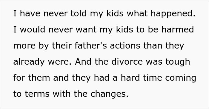 Text discussing the impact of a divorce on children and the woman's perspective on protecting them.