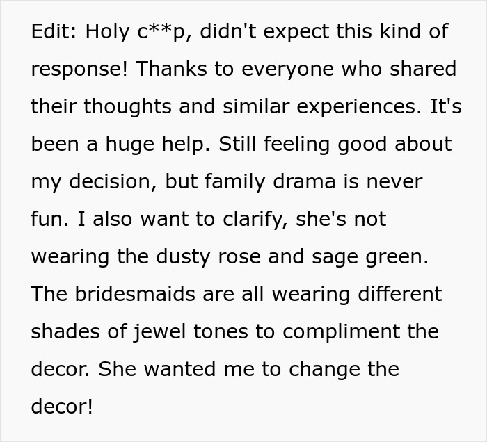 Wedding drama over color scheme change, bridesmaids in jewel tones, family reactions.